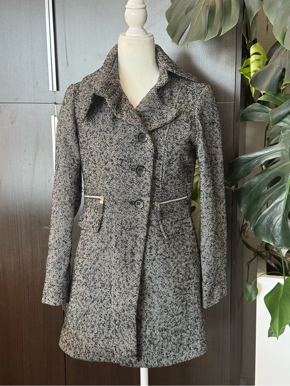 Cynthia Rowley Black & White Tweed Pea Coat with Zip Accents - Picture 1 of 8